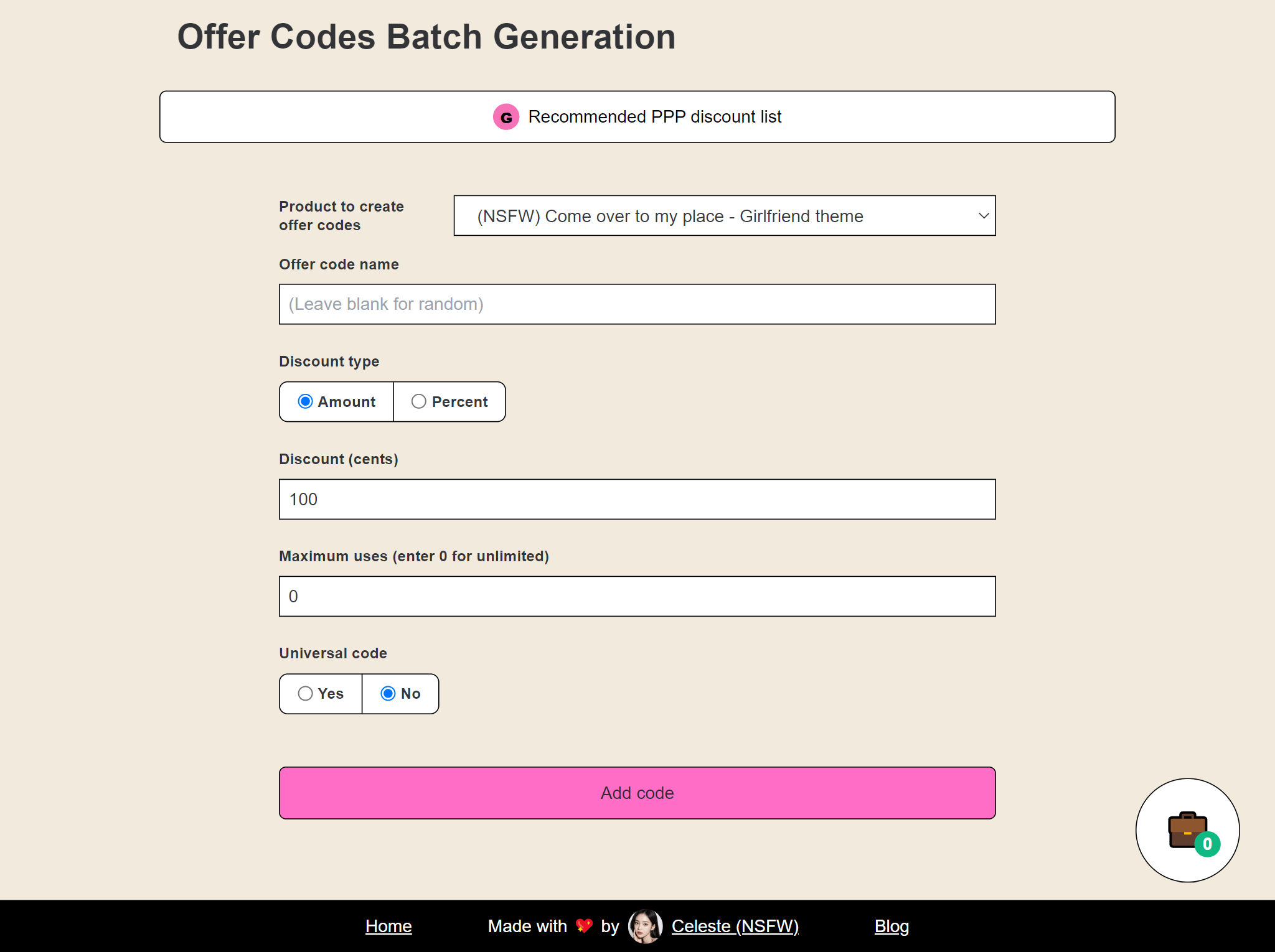 Image of Batch Code Generation tool screenshot